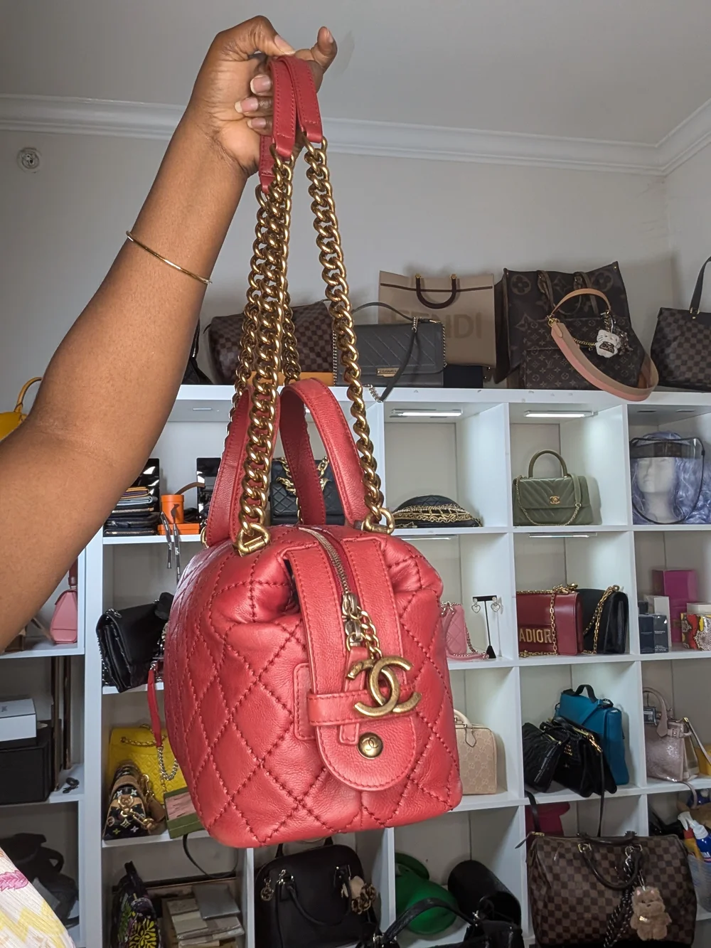 Chanel CC 2 way top handle Quilted Red Shoulder Handbag with bronze Chain